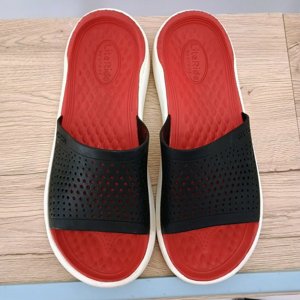 Crocs LiteRide Slide Mens 9 Black Red Pepper Athletic Comfort Sandals